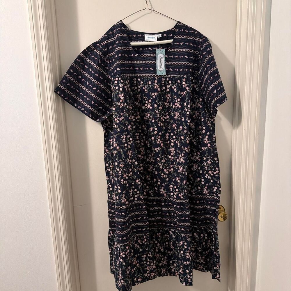 NWT Old-National Women's Navy and Blue Dress Cotton Sz 2x Grannycore Housedress